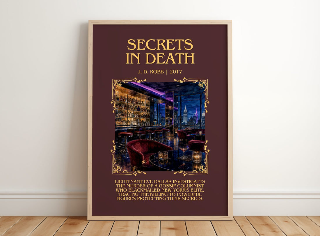Secrets In Death Minimalist Book Poster by J. D. Robb – framed print leaning on a wooden floor