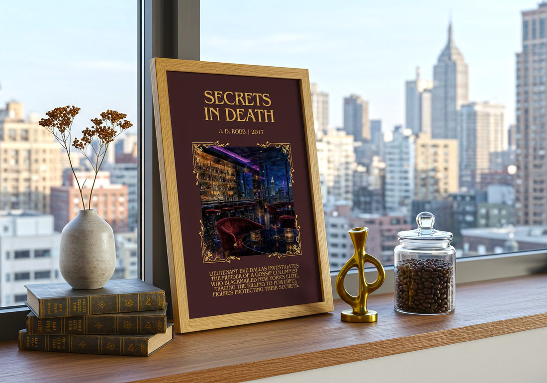 Secrets In Death Minimalist Book Poster by J. D. Robb – framed print on a city-view windowsill
