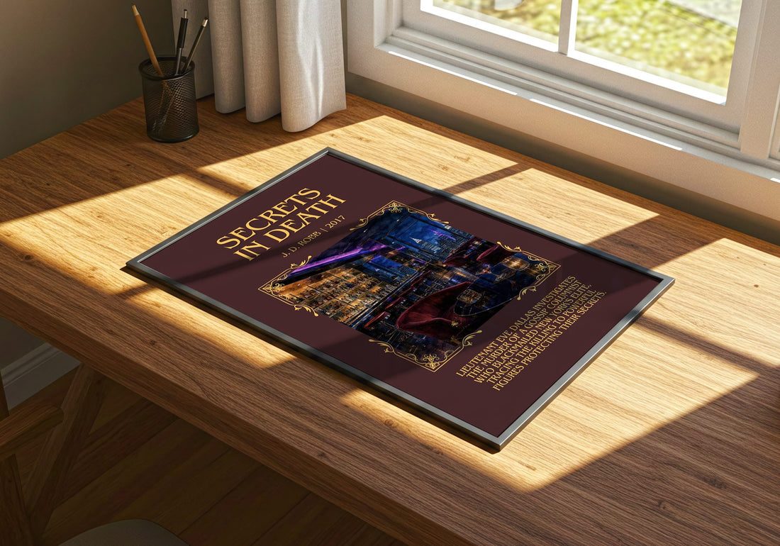 Secrets In Death Minimalist Book Poster by J. D. Robb – print on a sunlit desk