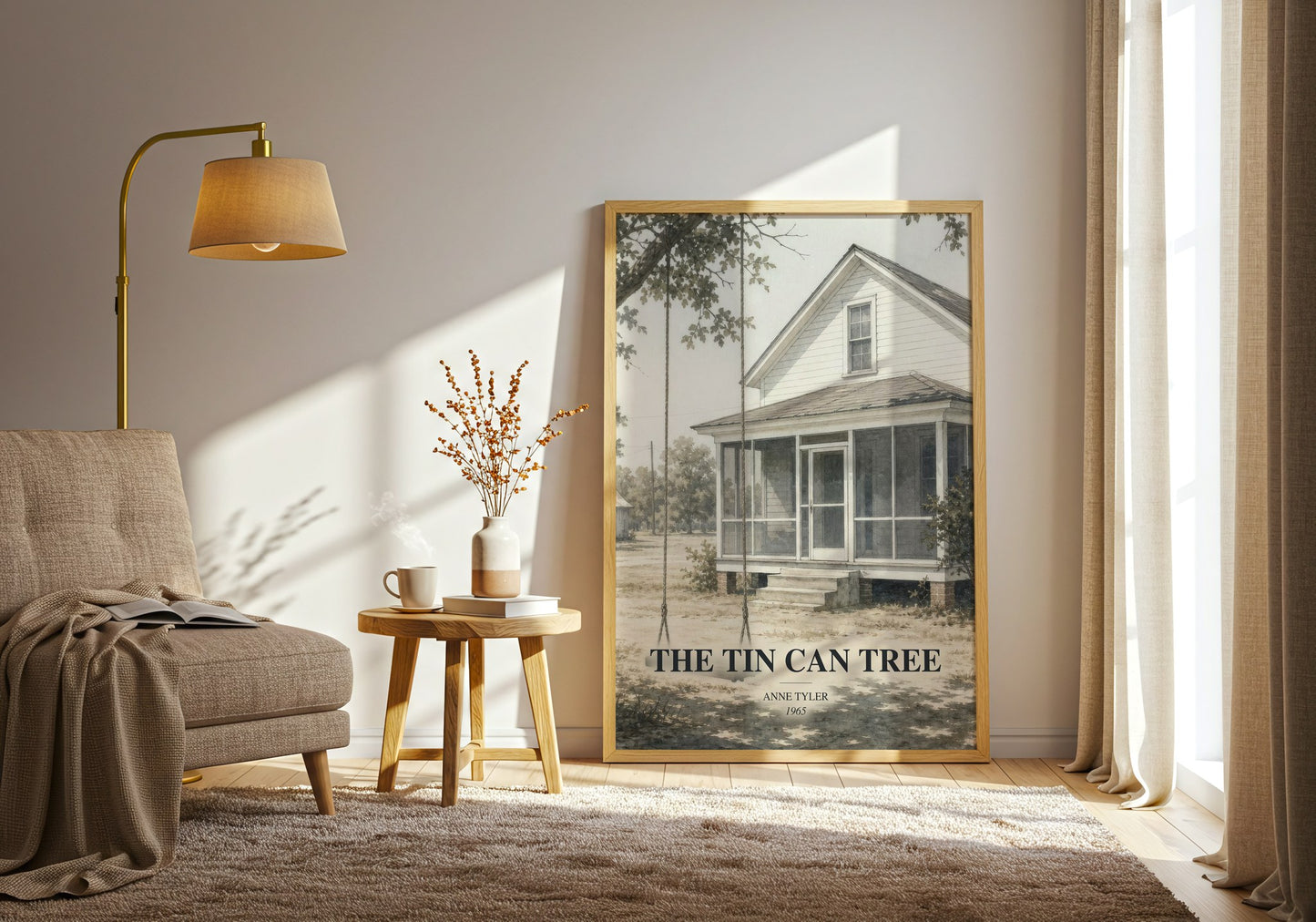 The Tin Can Tree watercolour print in frame leaning in hallway – literary fiction wall art