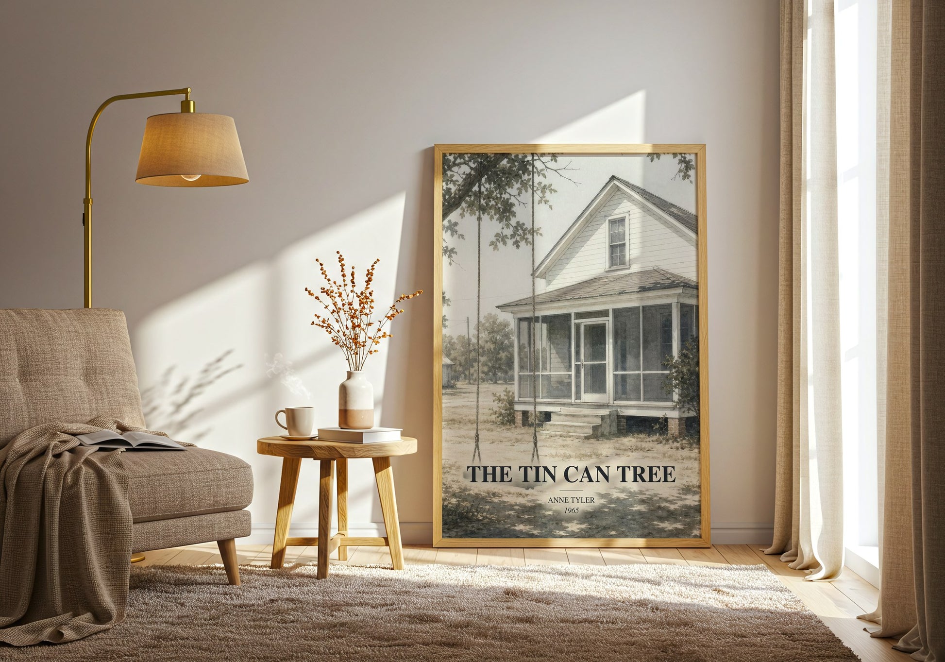 The Tin Can Tree watercolour print in frame leaning in hallway – literary fiction wall art