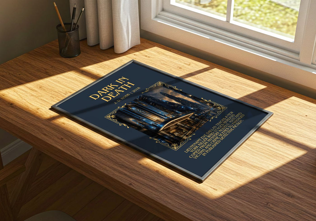 Dark In Death Minimalist Book Poster by J. D. Robb – print on a sunlit desk
