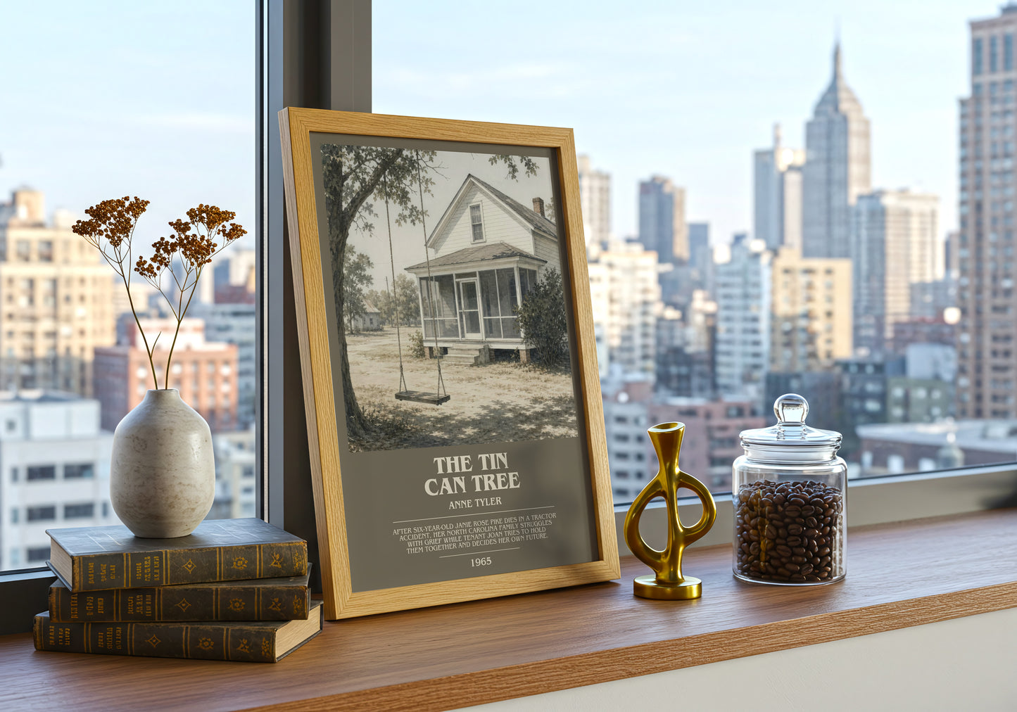 The Tin Can Tree bookish print framed by window – literary home decor