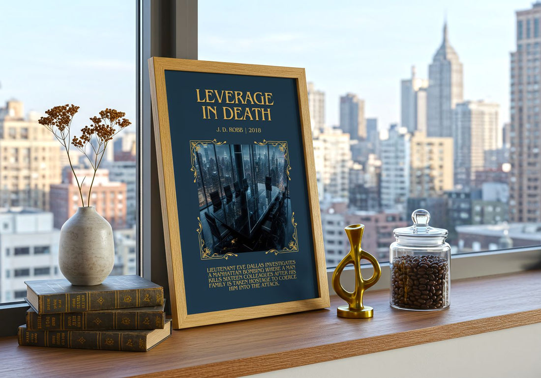 Leverage In Death Minimalist Book Poster by J. D. Robb – framed print on a city-view windowsill