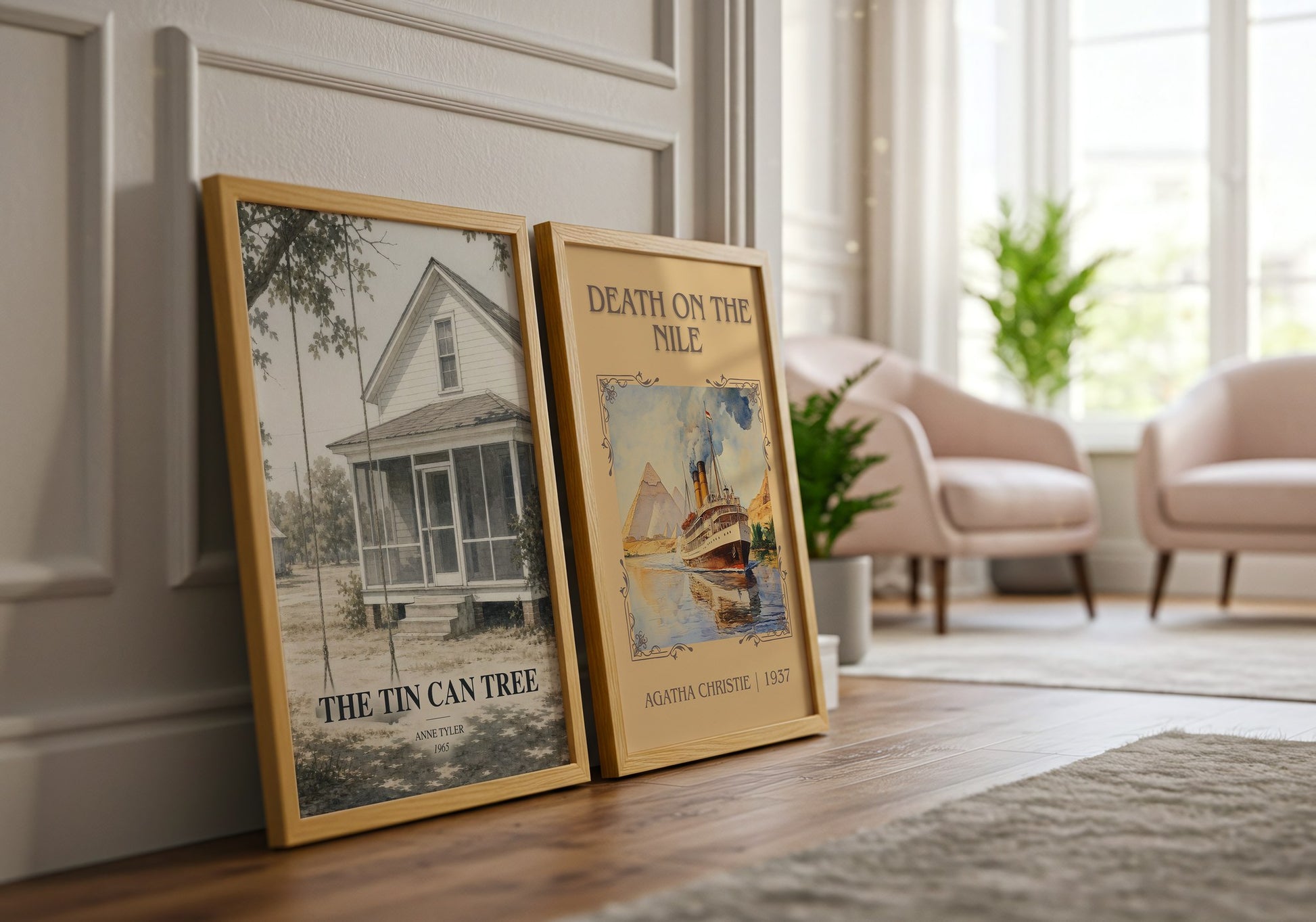 The Tin Can Tree watercolour print framed by window – literary home decor