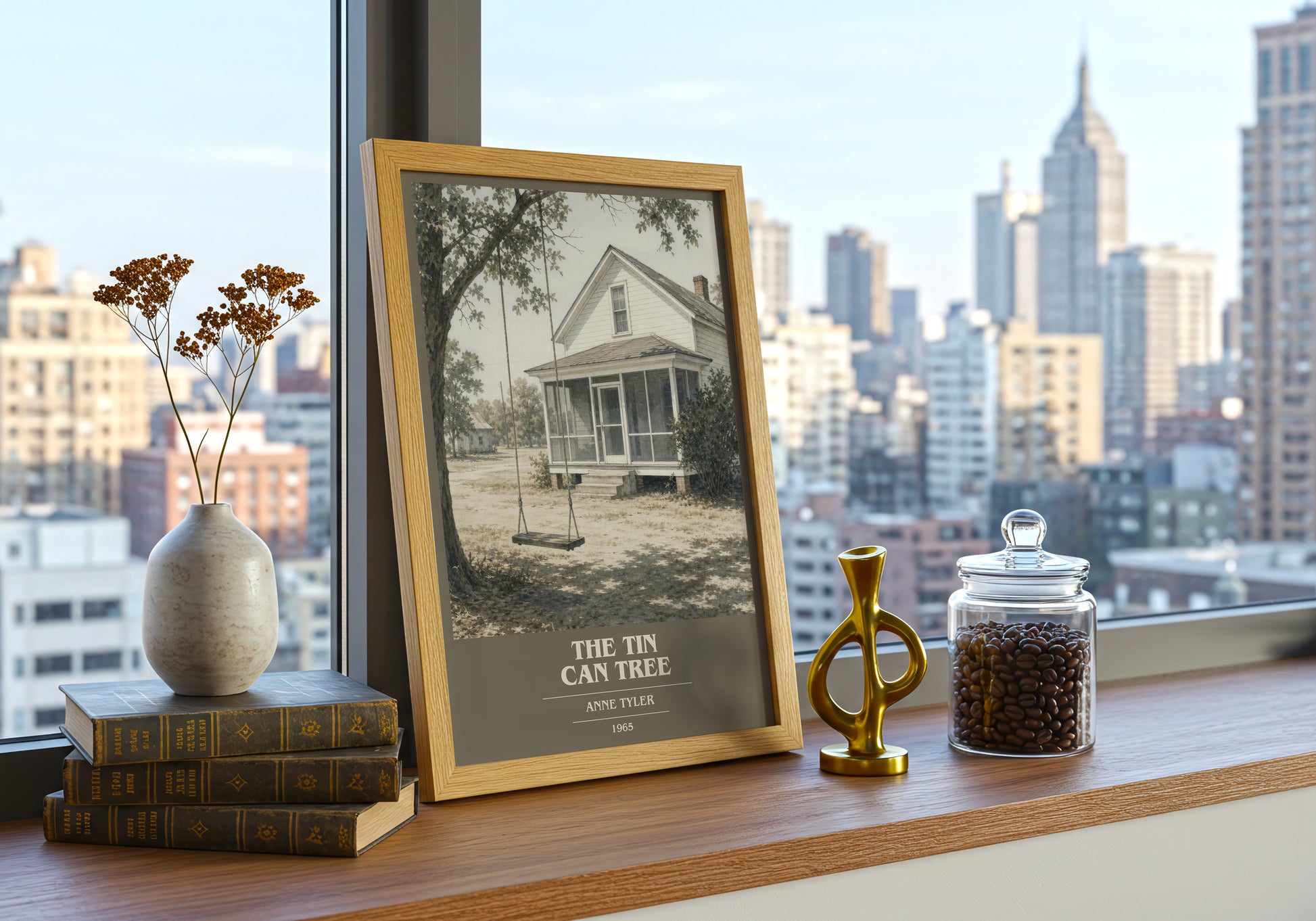 The Tin Can Tree book cover print framed by window – literary home decor
