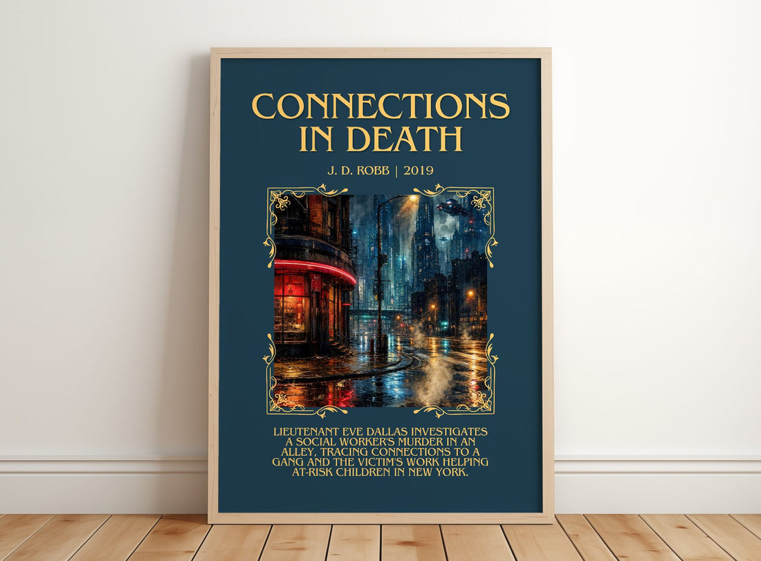 Connections In Death Minimalist Book Poster by J. D. Robb – framed print leaning on a wooden floor