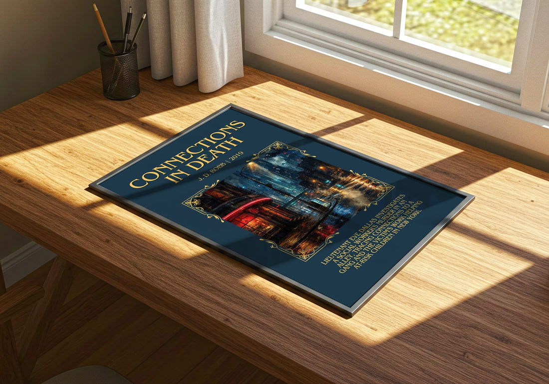 Connections In Death Minimalist Book Poster by J. D. Robb – print on a sunlit desk