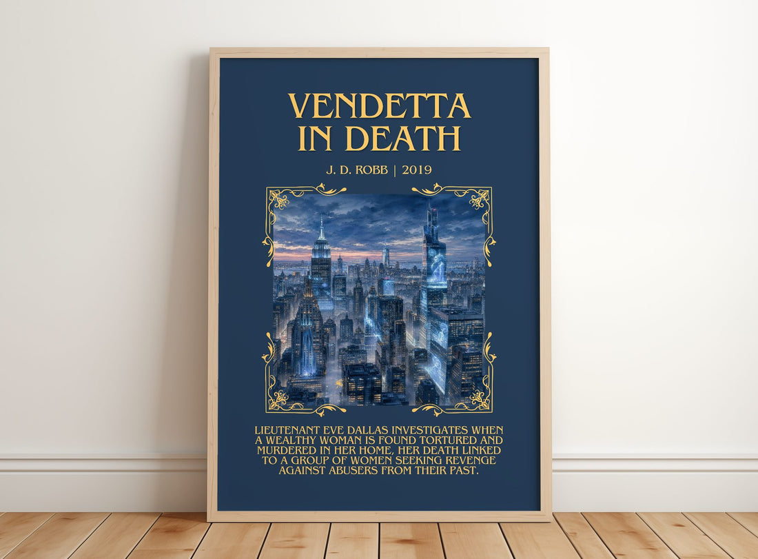 Vendetta In Death Minimalist Book Poster by J. D. Robb – framed print leaning on a wooden floor