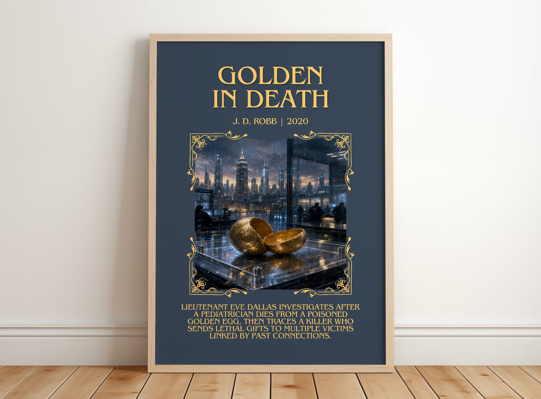 Golden In Death Minimalist Book Poster by J. D. Robb – framed print leaning on a wooden floor