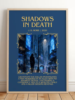 Shadows In Death Minimalist Book Poster by J. D. Robb – framed print leaning on a wooden floor