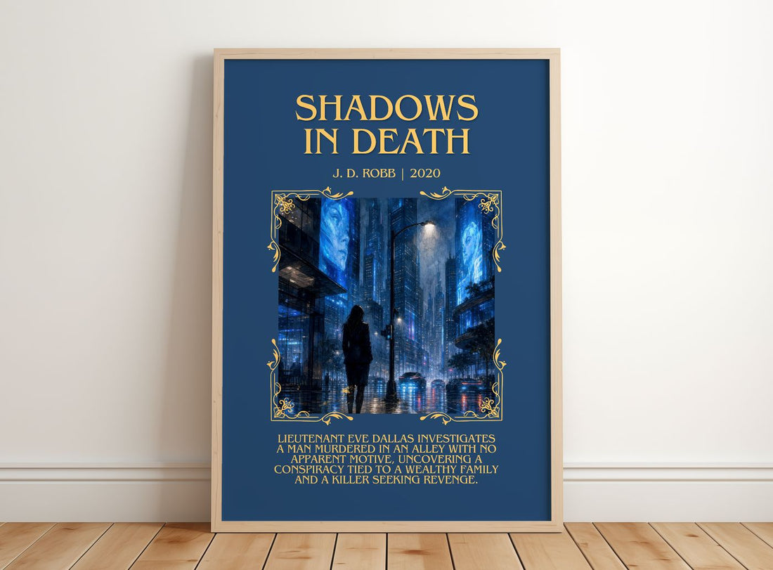 Shadows In Death Minimalist Book Poster by J. D. Robb – framed print leaning on a wooden floor