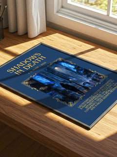 Shadows In Death Minimalist Book Poster by J. D. Robb – print on a sunlit desk