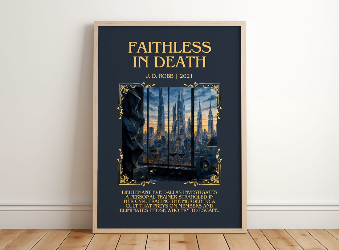 Faithless In Death Minimalist Book Poster by J. D. Robb – framed print leaning on a wooden floor