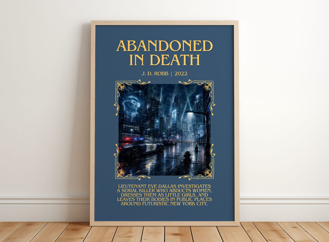 Abandoned In Death Minimalist Book Poster by J. D. Robb – framed print leaning on a wooden floor