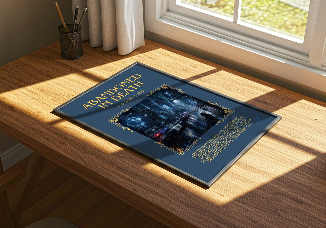 Abandoned In Death Minimalist Book Poster by J. D. Robb – print on a sunlit desk