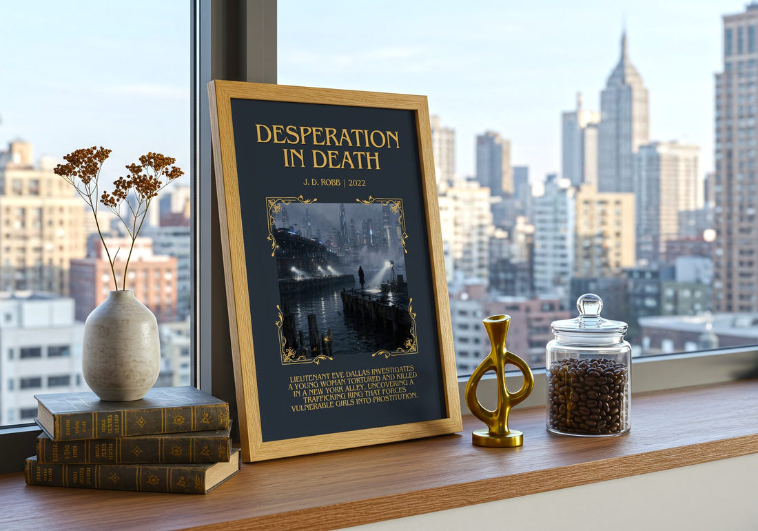 Desperation In Death Minimalist Book Poster by J. D. Robb – framed print on a city-view windowsill