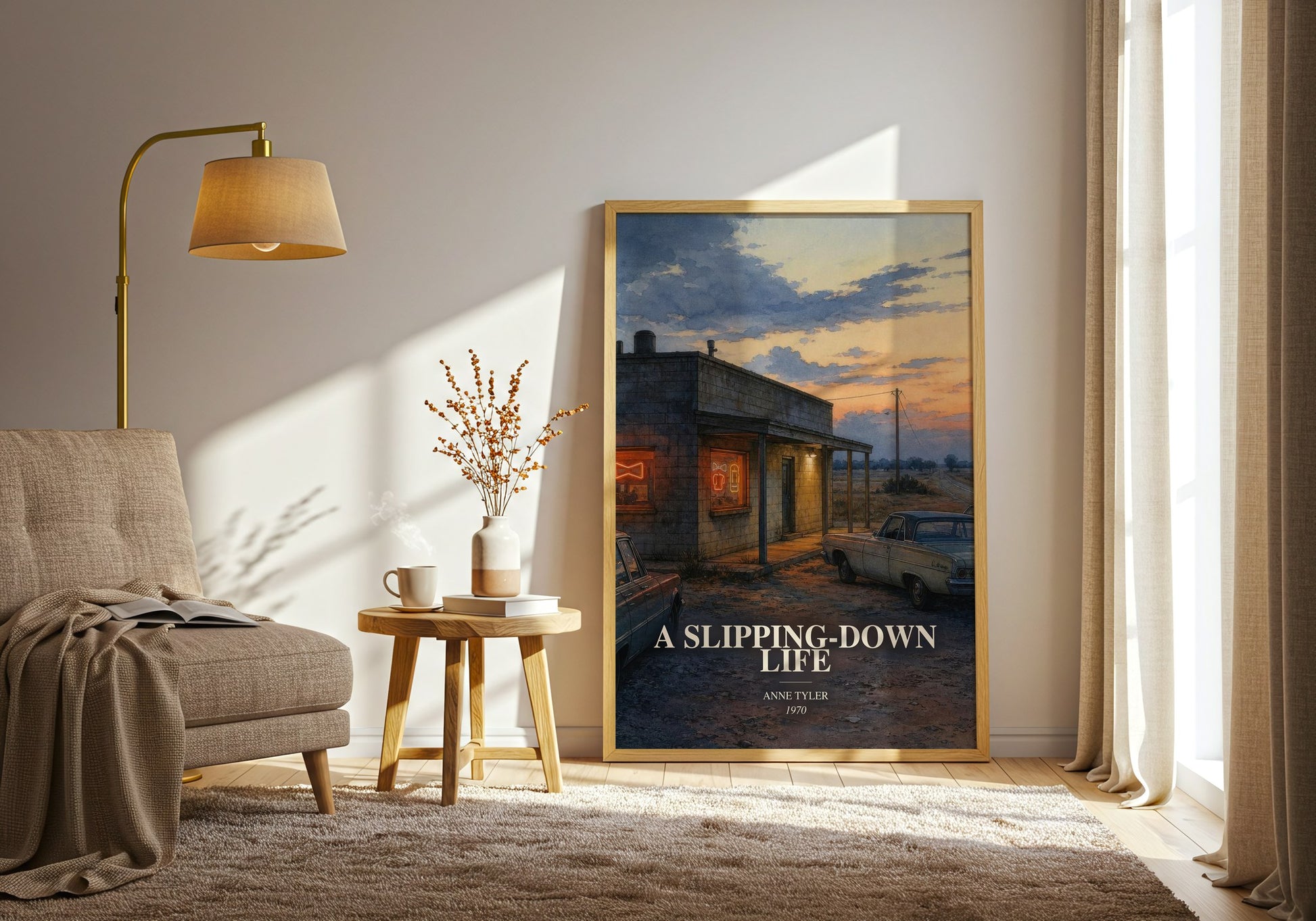 A Slipping-Down Life watercolour print in frame leaning in hallway – contemporary fiction wall art