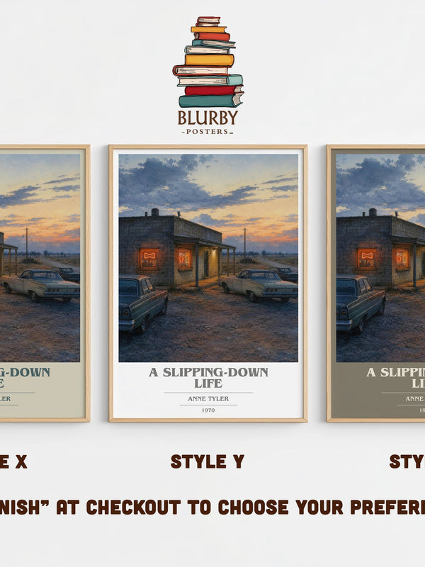 A Slipping-Down Life book cover print in frame leaning in hallway – contemporary fiction wall art