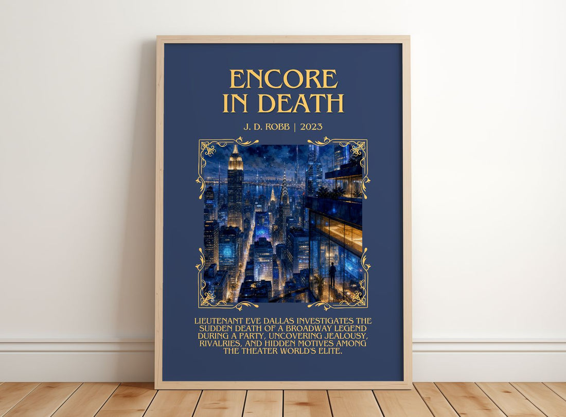 Encore In Death Minimalist Book Poster by J. D. Robb – framed print leaning on a wooden floor