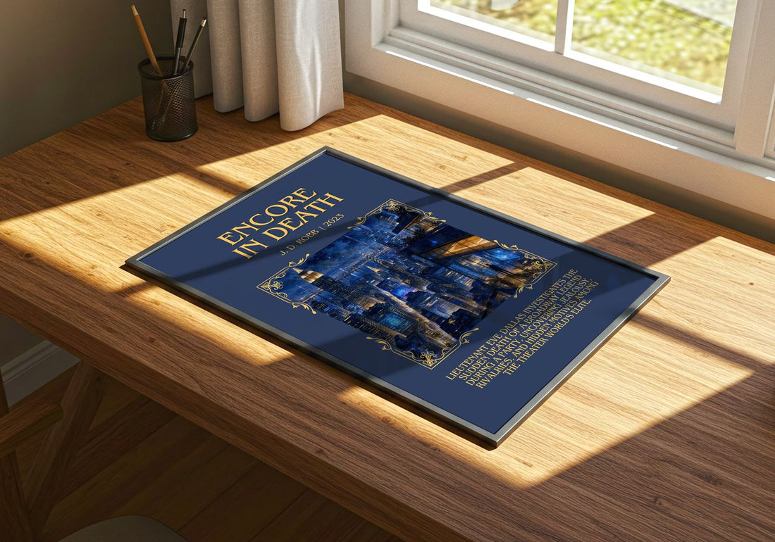 Encore In Death Minimalist Book Poster by J. D. Robb – print on a sunlit desk