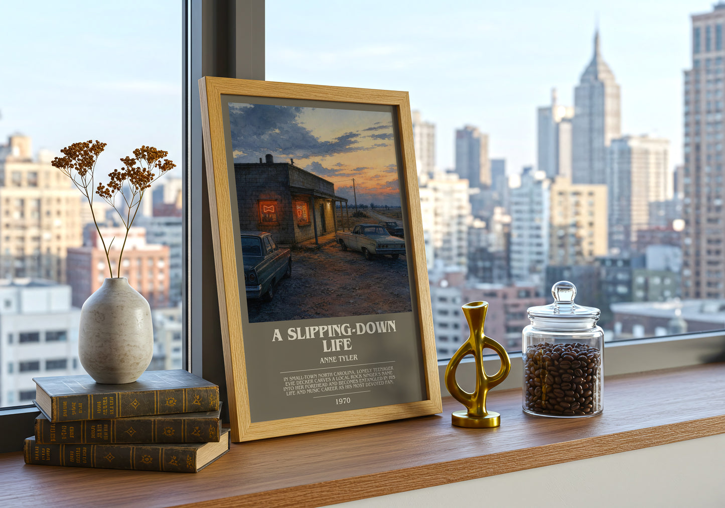 A Slipping-Down Life bookish print framed by window – literary home decor