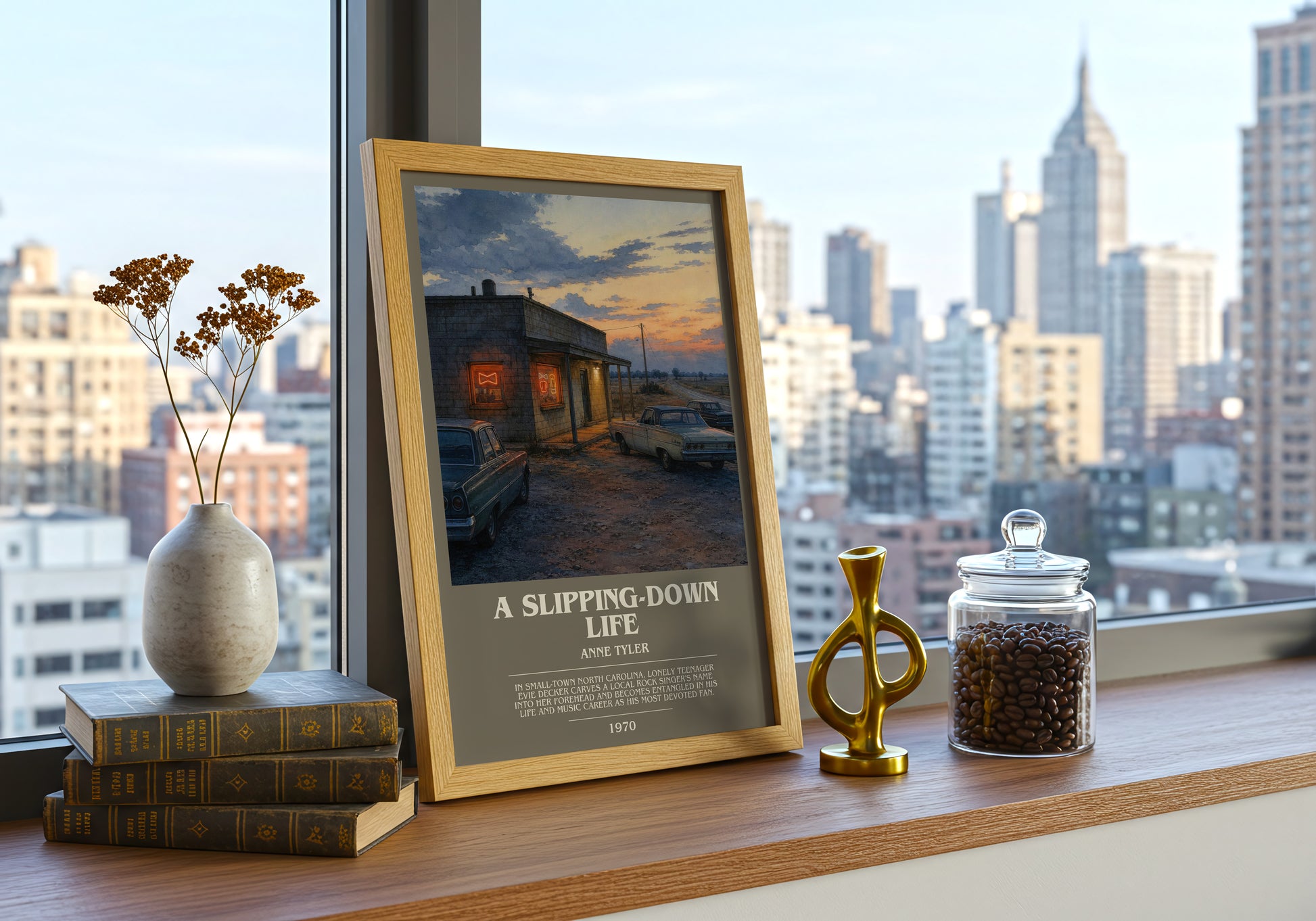 A Slipping-Down Life bookish print framed by window – literary home decor