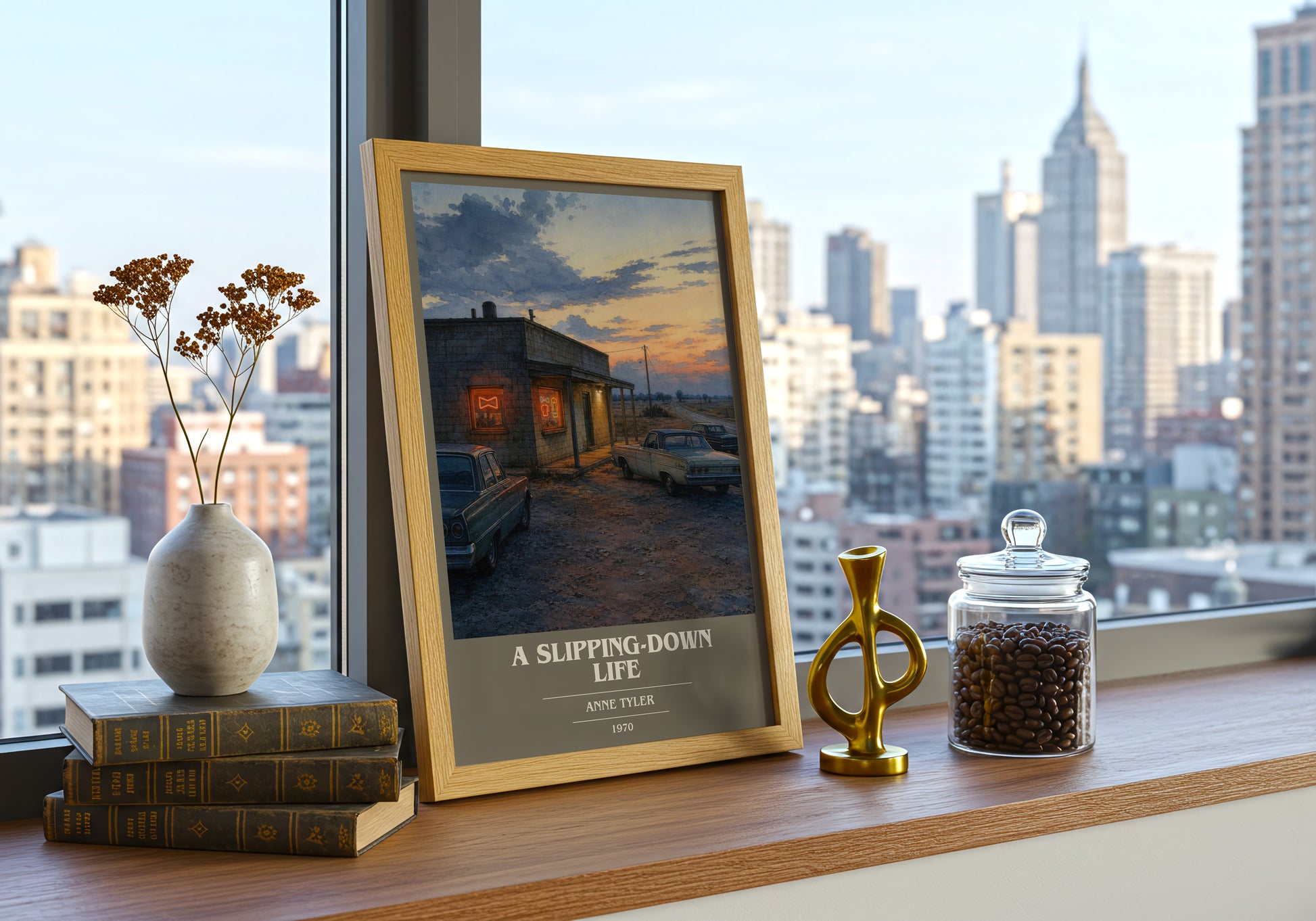 A Slipping-Down Life book cover print framed by window – literary home decor