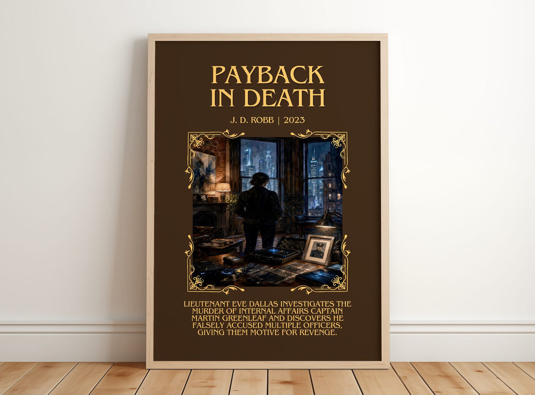 Payback In Death Minimalist Book Poster by J. D. Robb – framed print leaning on a wooden floor