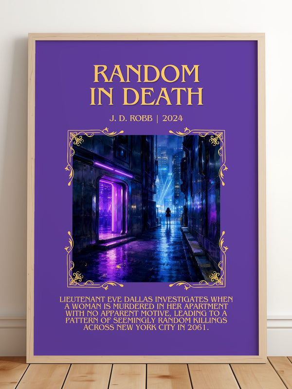 Random In Death Minimalist Book Poster by J. D. Robb – framed print leaning on a wooden floor