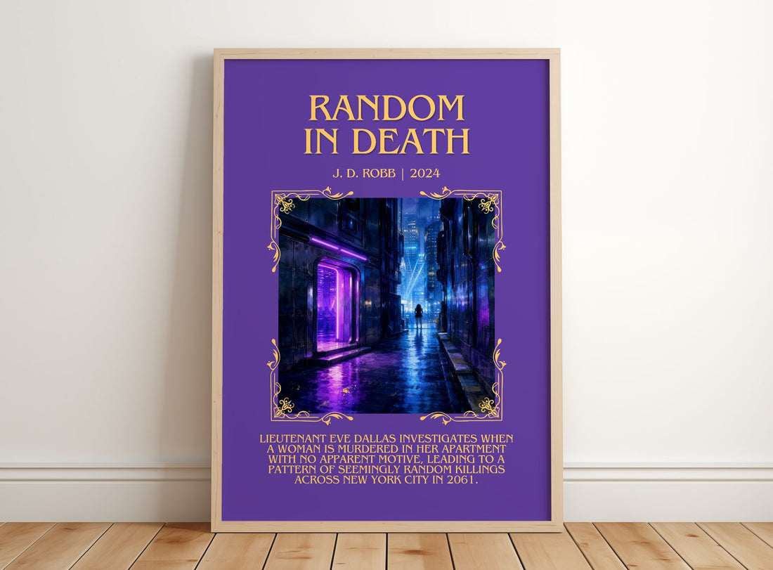 Random In Death Minimalist Book Poster by J. D. Robb – framed print leaning on a wooden floor