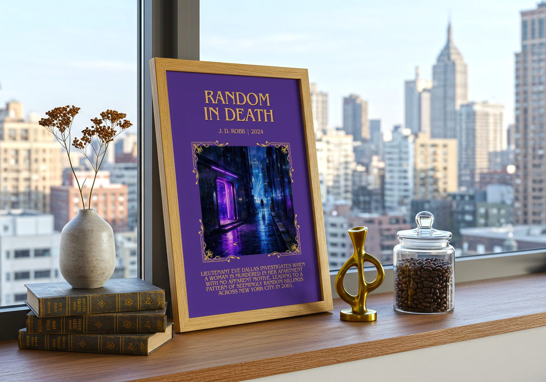 Random In Death Minimalist Book Poster by J. D. Robb – framed print on a city-view windowsill