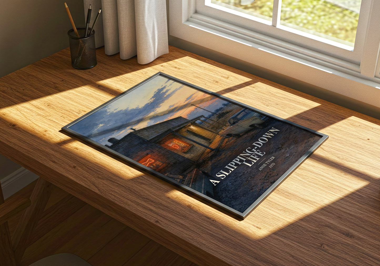 A Slipping-Down Life watercolour book poster framed on wall – contemporary fiction wall art