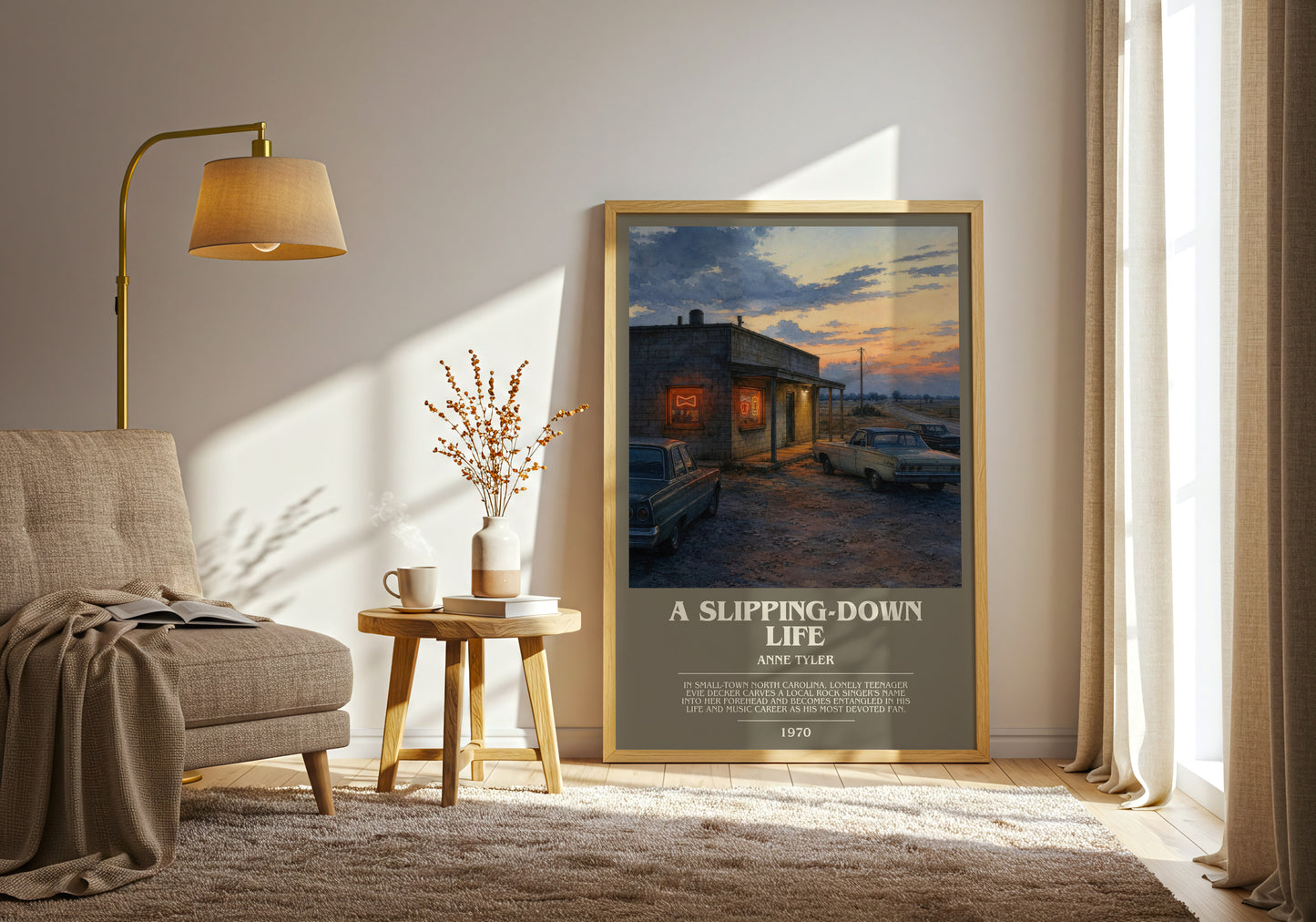 A Slipping-Down Life bookish print on bookshelf – Anne Tyler fan gift