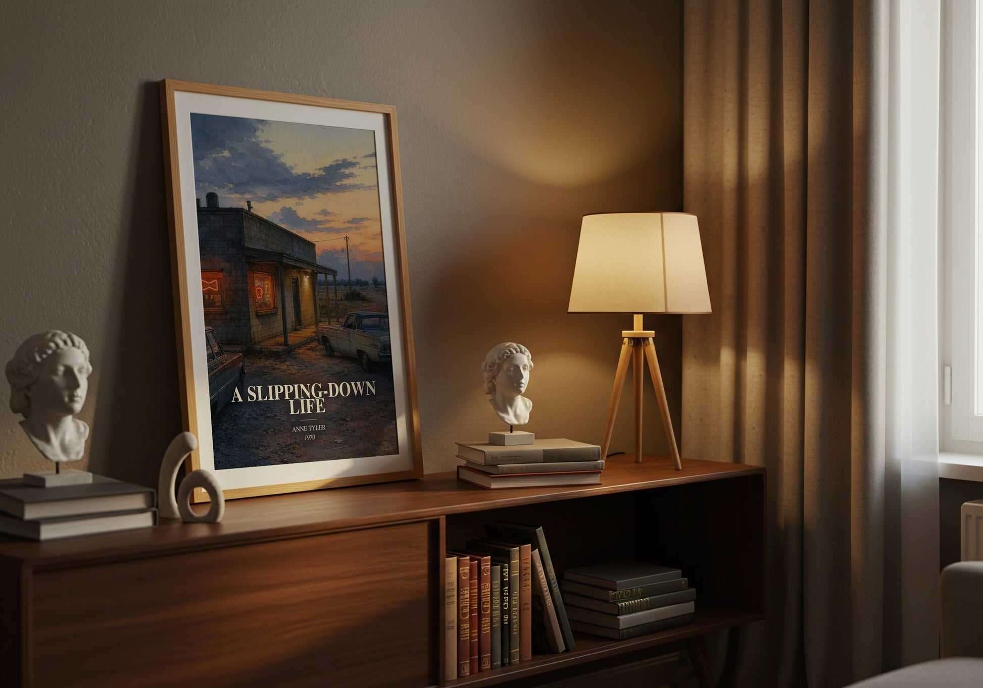 A Slipping-Down Life watercolour print on bookshelf – Anne Tyler fan gift