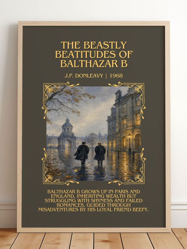 Beastly Beatitudes Of Balthazar B Minimalist Book Poster – framed print leaning on a wooden floor