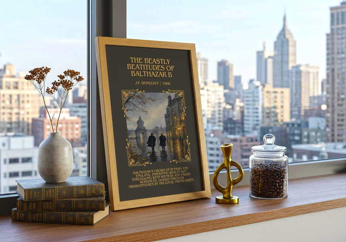 Beastly Beatitudes Of Balthazar B Minimalist Book Poster – framed print on a city-view windowsill