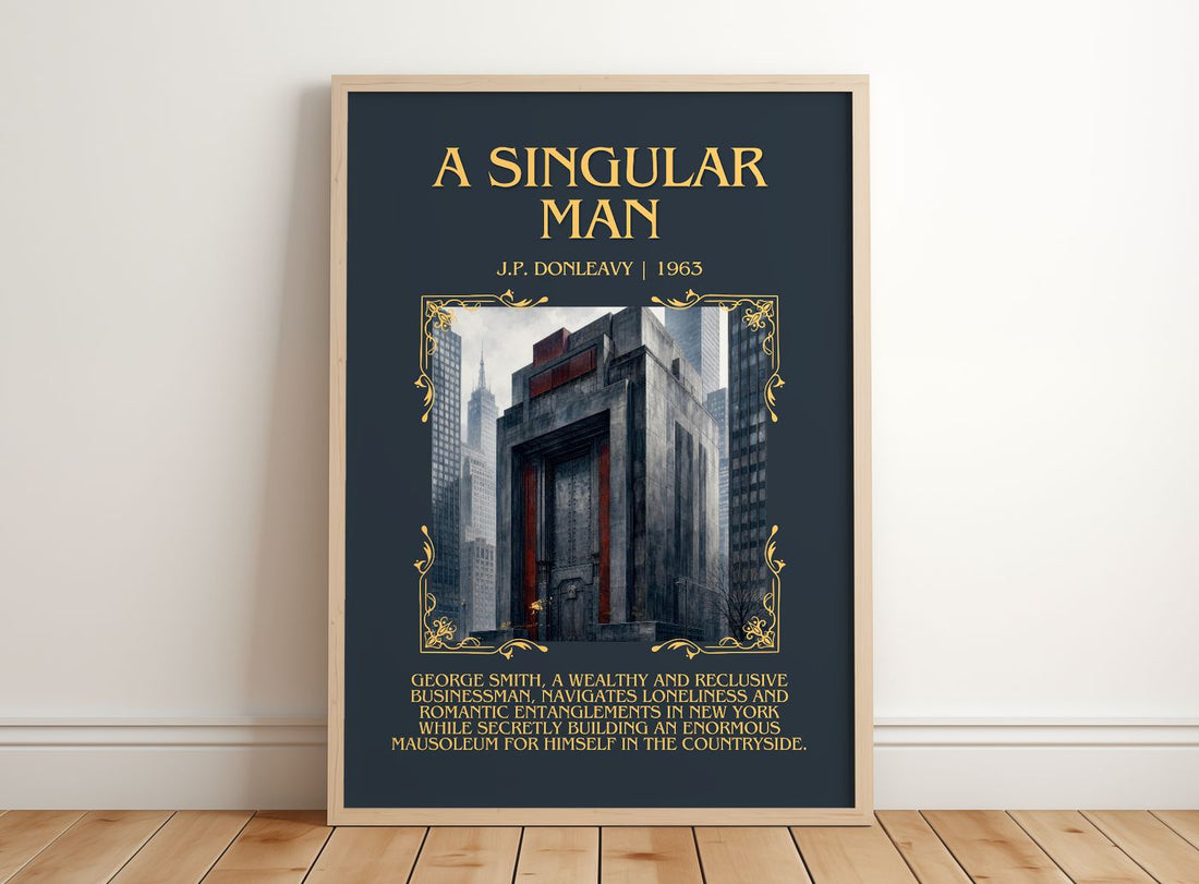 A Singular Man Minimalist Book Poster by J.P. Donleavy – framed print leaning on a wooden floor