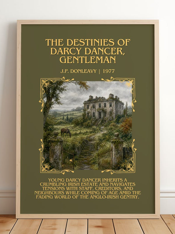 Destinies Of Darcy Dancer, Gentleman Minimalist Book Poster – framed print leaning on a wooden floor