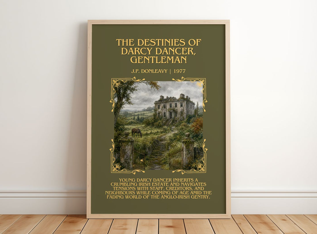 Destinies Of Darcy Dancer, Gentleman Minimalist Book Poster – framed print leaning on a wooden floor