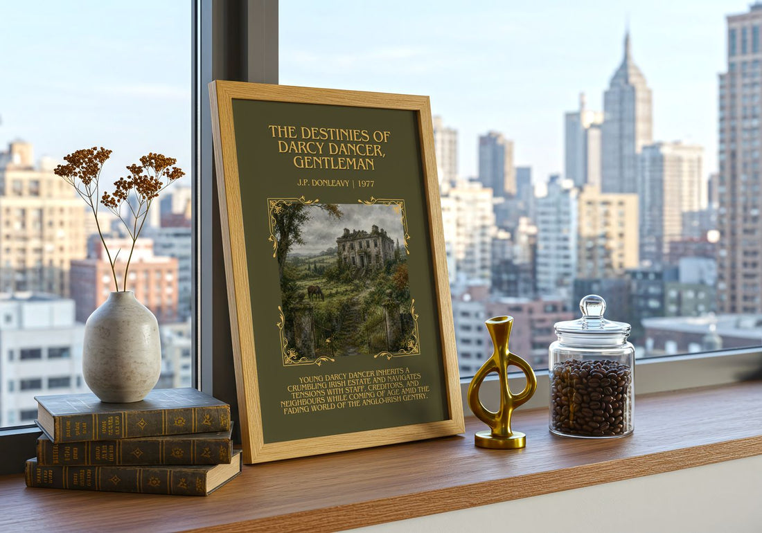 Destinies Of Darcy Dancer, Gentleman Minimalist Book Poster – framed print on a city-view windowsill