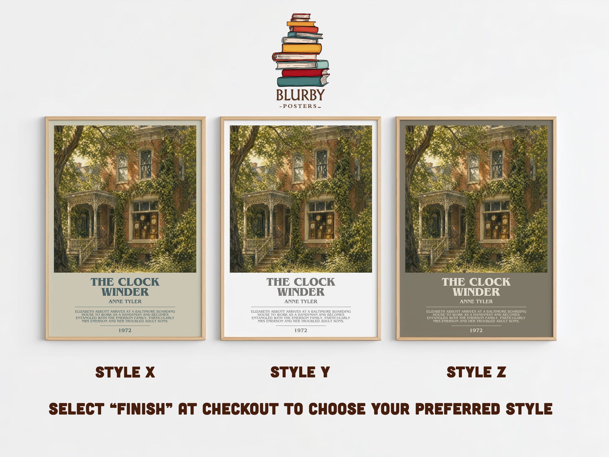 The Clock Winder bookish print in frame leaning in hallway – literary fiction wall art