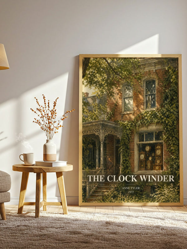 The Clock Winder watercolour print in frame leaning in hallway – literary fiction wall art