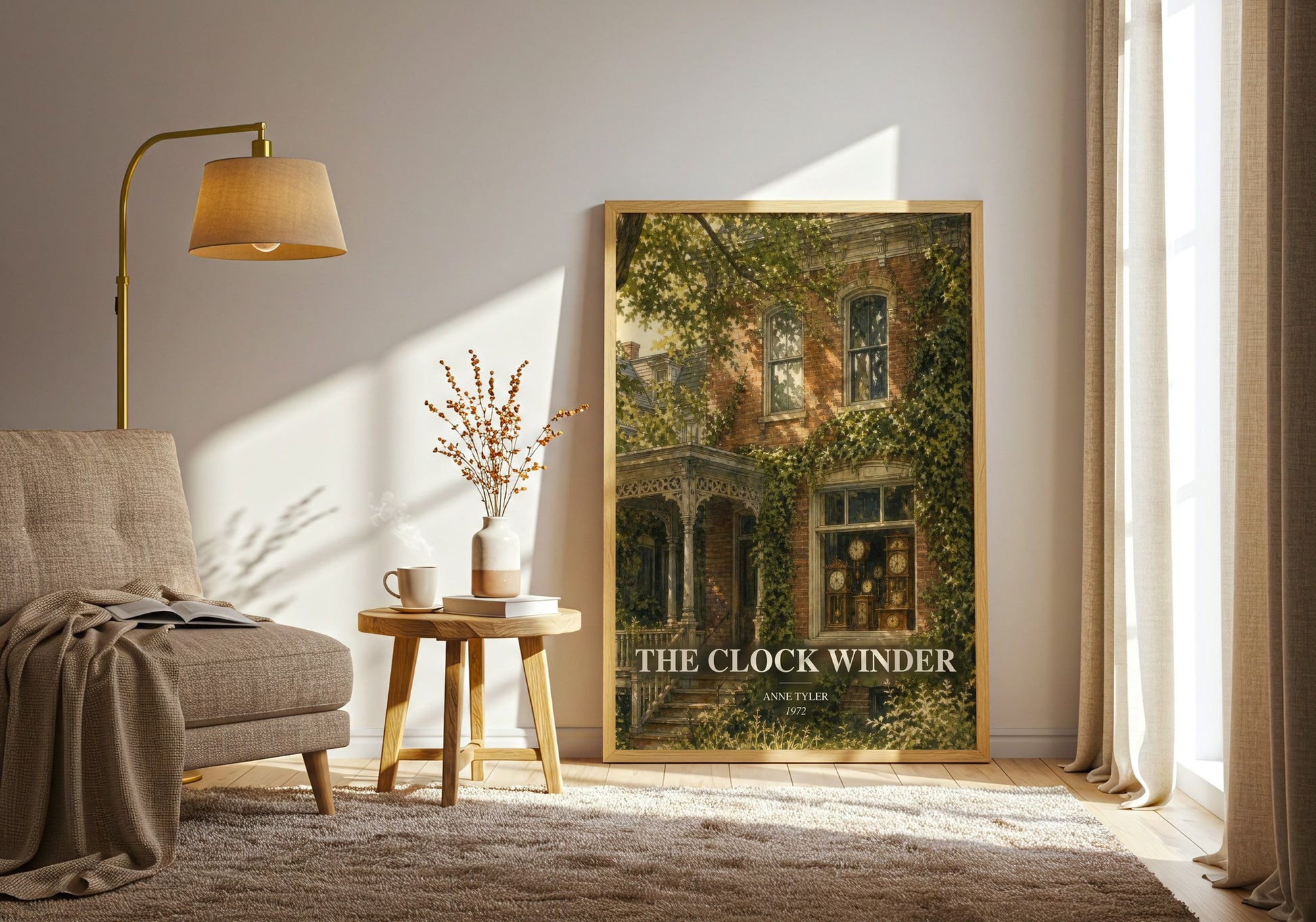 The Clock Winder watercolour print in frame leaning in hallway – literary fiction wall art