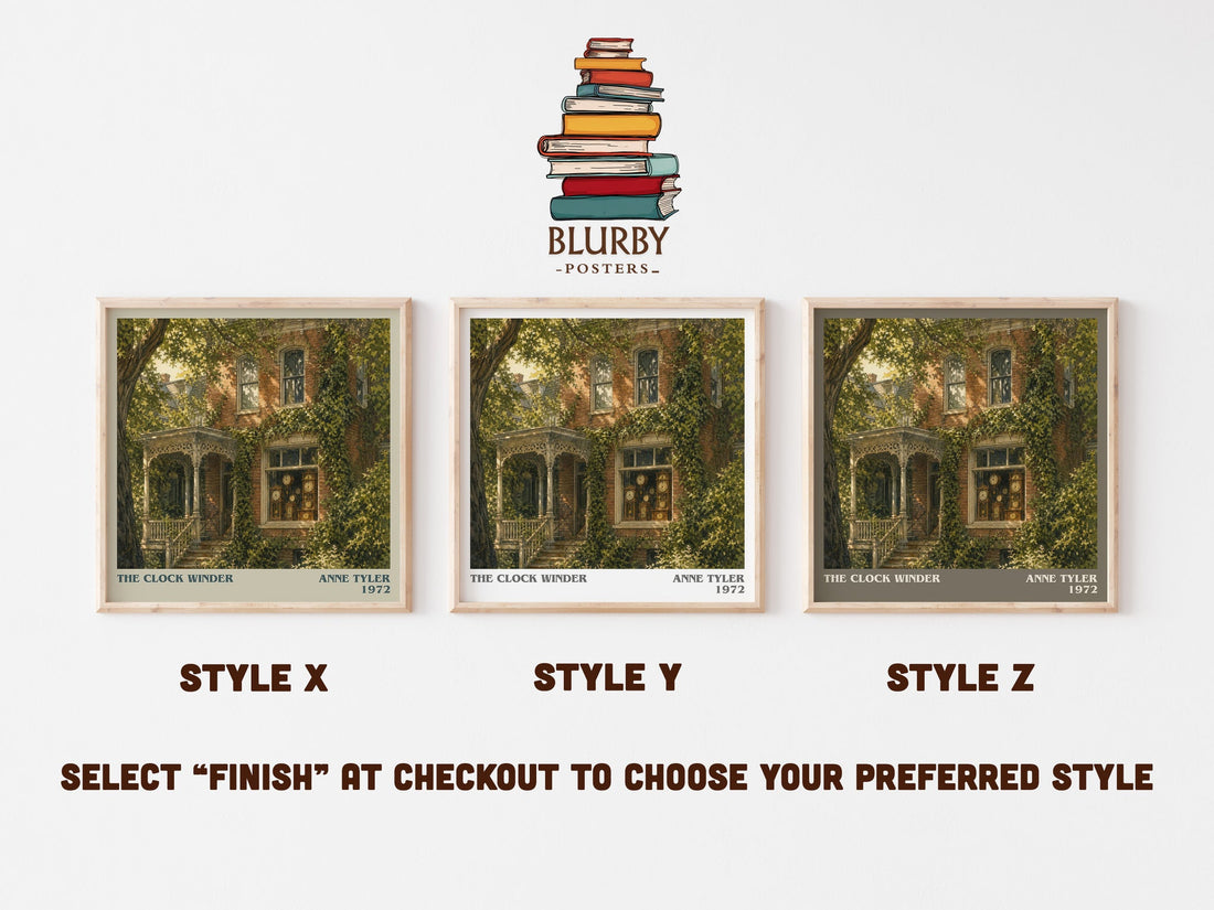 The Clock Winder literary print in frame leaning in hallway – literary fiction wall art (mockup)