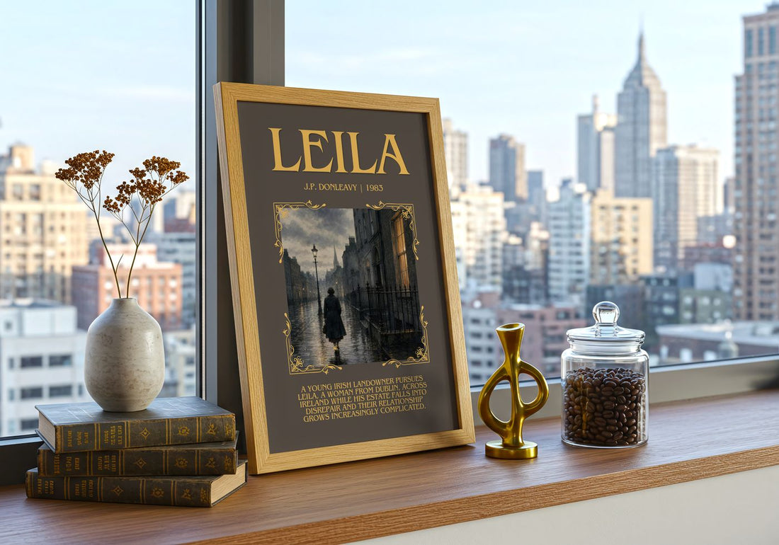 Leila Minimalist Book Poster by J.P. Donleavy – framed print on a city-view windowsill