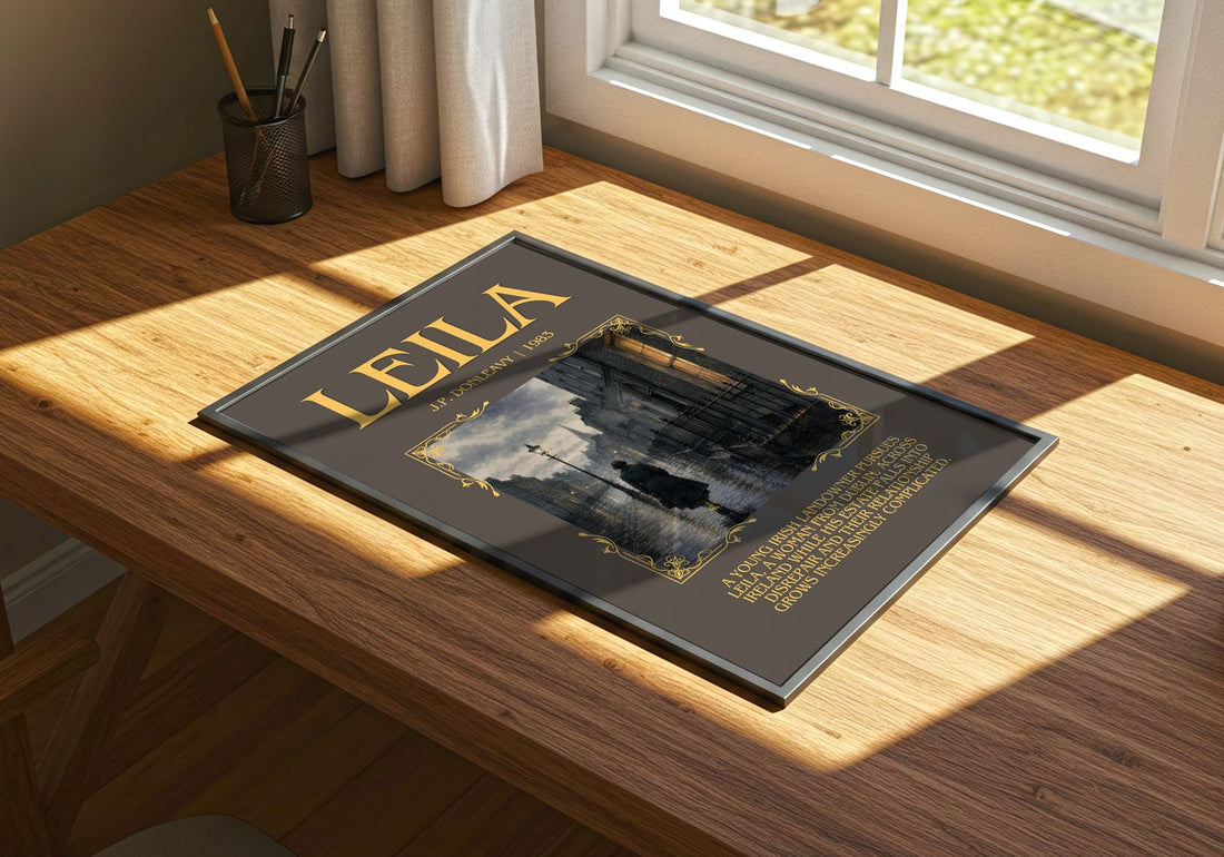 Leila Minimalist Book Poster by J.P. Donleavy – print on a sunlit desk