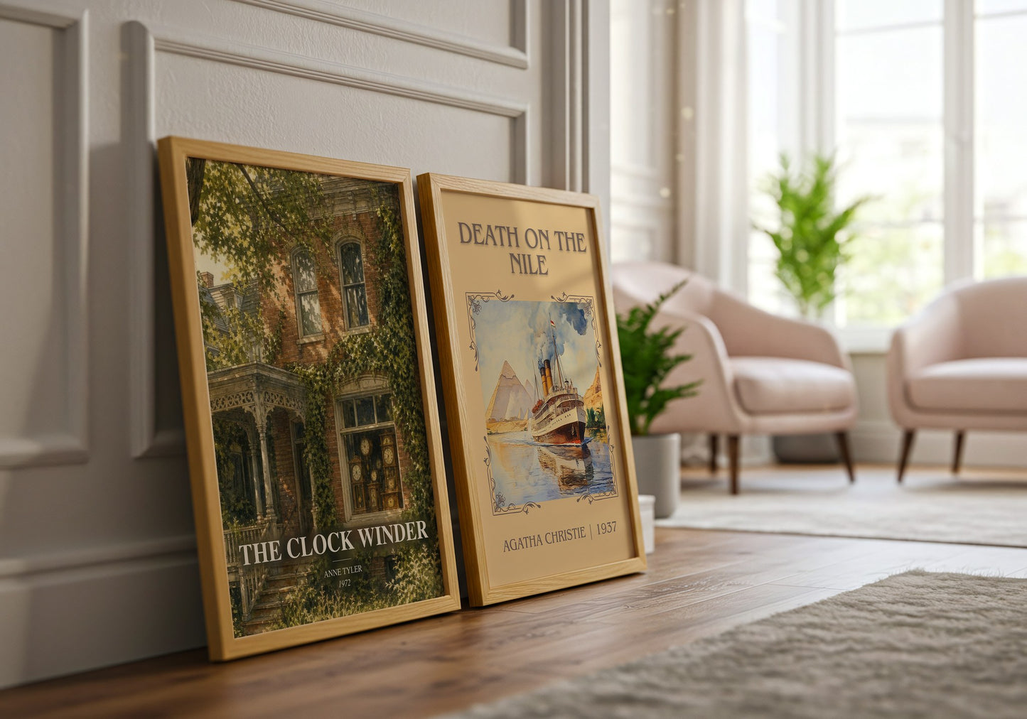 The Clock Winder watercolour print framed by window – literary home decor