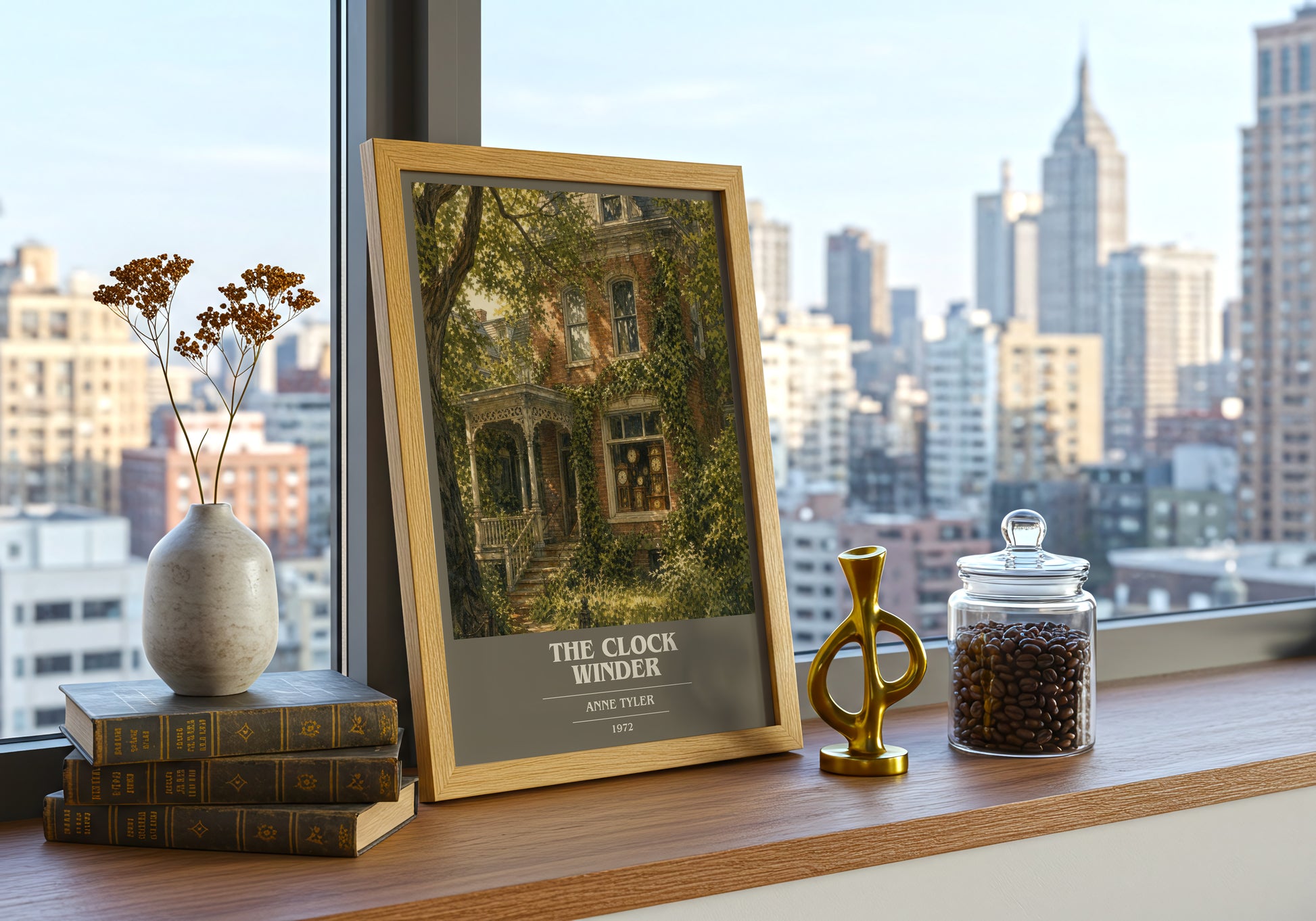 The Clock Winder book cover print framed by window – literary home decor
