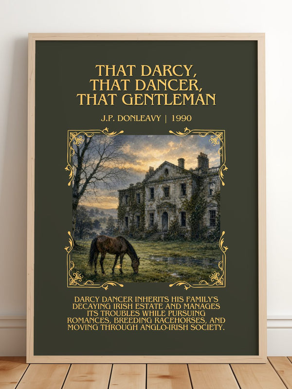 That Darcy, That Dancer, That Gentleman Minimalist Book Poster – framed print leaning on a wooden floor